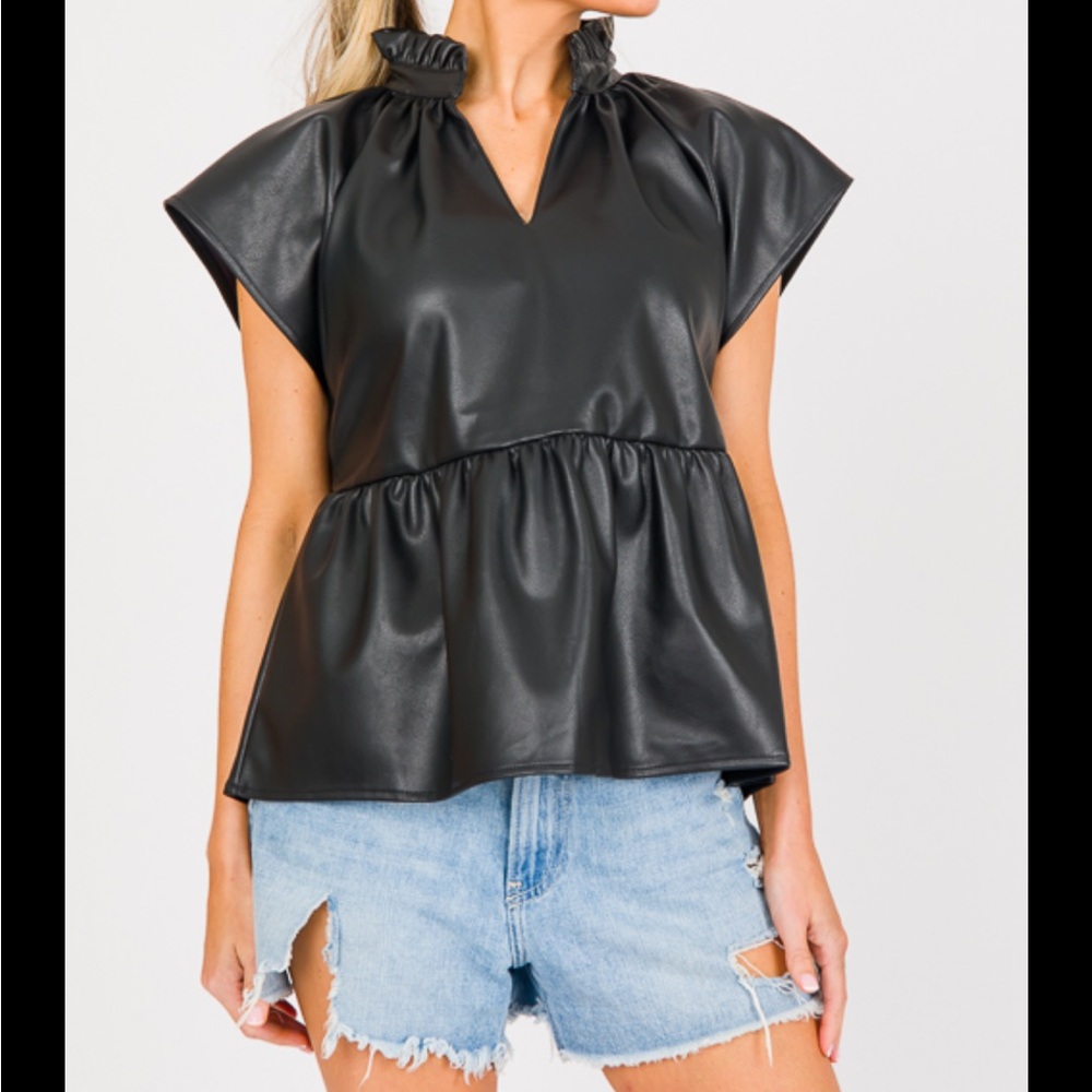 NWT Black Faux Leather Peplum Top